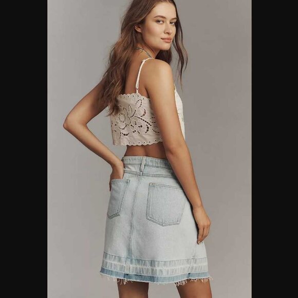 New 2 Anthropologie x Pilcro Reworked paint-splattered denim mini jean skirt - Picture 2 of 9